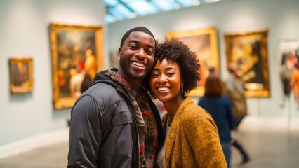 happy couple at art museum - obrazy, fototapety, plakaty