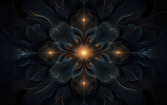 fractals symmetric  as flower design navy dark blue color and gold 