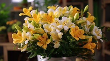 Colorful Alstroemeria in a vase on a shelf in a flower shop. Mother's day concept with a space for a text. Valentine day concept with a copy space.