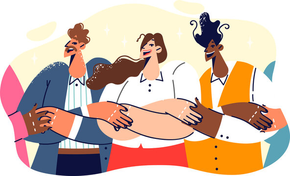 Friendly people holding hands demonstrating unity and cohesion thanks to collaboration or coworking