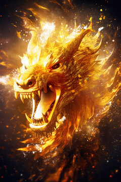 Fire dragon on the dark background. Chinese New Year 2024 zodiac sign, year of the Dragon. Mythological creature. Abstract fiery Illustration of fantastic monster for postcard, book, poster, banner