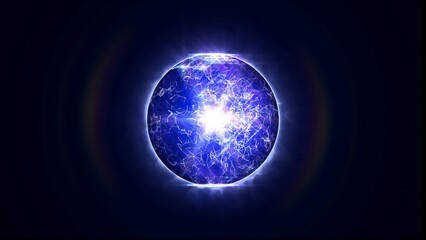 Naklejka na ściany i meble 3d glowing cosmic sphere in the Universe. 3d sphere made of shining particles and energy rays. Matrix, artificial intelligence, technology science
