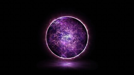 Purple energy orb background. 3d abstract energy sphere ball on dark background. Nuclear energy, Big Bang, Supernova. Science, technology, innovations, Universe.