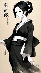 Yabusame, black sumi-e silhouette of a beautiful woman