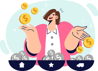 Woman saves money by putting coins in different baskets and demonstrating financial literacy