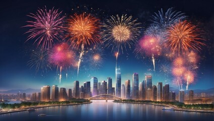 Fototapeta premium fireworks over the city in new year