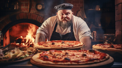 portrait of a chef with pizza in the kitchen