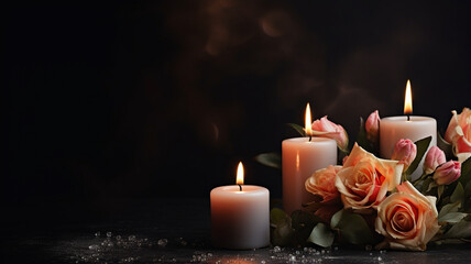 beautiful flowers and candles on a wooden table