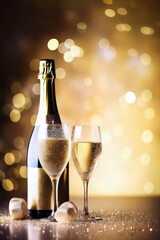 Glasses of champagne on a festive background, party or holiday concept. New Year or Christmas sparkling background with copy space. Gold and black colors.