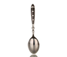 One metal spoon, macro, isolated on white background.