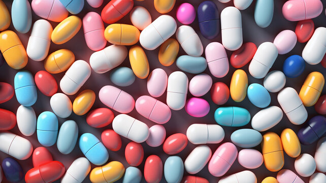 different medicine pills and capsules on color background
