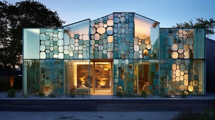 A modern house featuring a fa? section ade adorned entirely with recycled glass panels.