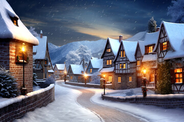 Fototapeta premium A snow-covered European rural town in winter, in the light of cozy evening lights