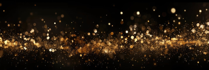 Abstract gold shiny Christmas banner background with bokeh. Holiday bright blurred backdrop with particles. - obrazy, fototapety, plakaty