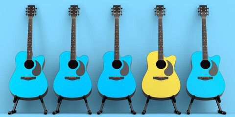 Set of acoustic guitar isolated on blue background.