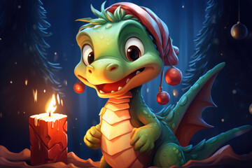 Cute cartoon green dragon wearing a red santa hat against the backdrop of a snowy Christmas forest. The dragon is the symbol of 2024. New Year holiday illustration. Happy New Year