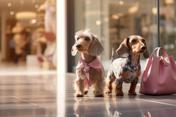 Hyper realistic HD Dogs Wearing Clothes with Bags While Shopping Gifts for Holidays. Human-Like Anthropomorphic Animal Character.
