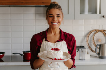 Happy female baker holding homemade cake while standing at the domestic kitchen - obrazy, fototapety, plakaty
