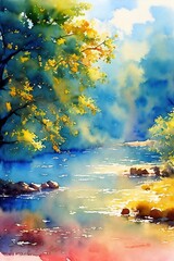 Colorful illustration of a river. Watercolor drawing.