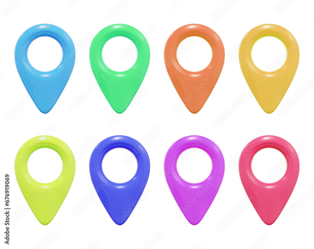 Aufkleber 3d set of map location pointer. pin code icon of the geolocation map. plastic cartoon style. stock v