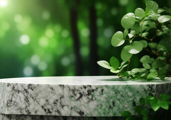 Natural White Marble Podium Empty Show for Mock-up the Pedestal Product Presentation. Cosmetic Products on dark Green Background with Green Leaves