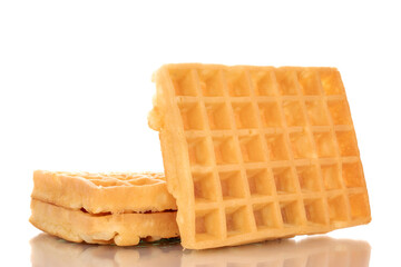 Three freshly baked aromatic waffles, macro, isolated on white background.