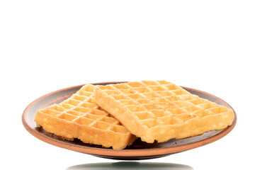 Several freshly baked aromatic waffles on a clay plate, macro, isolated on white background.