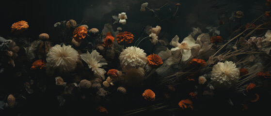 a dark bloom roses  in muted earth tones, negative imagery, close-up florals, and naturalist aesthetics