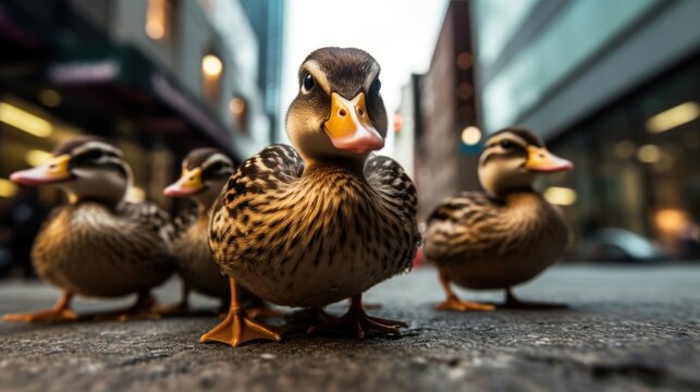 Mallard ducks on the street. Wildlife concept with a copy space.