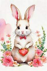 Fototapeta premium Cute little rabbit holding a heart. Watercolor drawing.