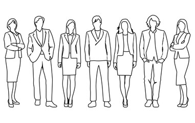 Vector silhouettes of  men and a women, a group of standing  business people,  linear sketch, black and white color isolated on white background