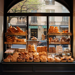 French bakery, a showcase with buns and croissants