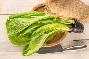Fresh green salad leaves with wooden tray and knife on wooden table, macro, top view.