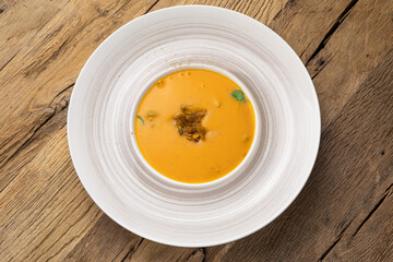 Pumpkin puree soup. Close up