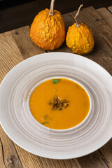 Pumpkin puree soup. Close up