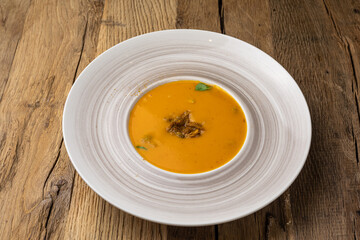 Pumpkin puree soup. Close up