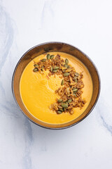 Pumpkin puree soup. Close up