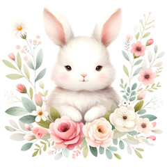 Obraz premium Cute floral bunny watercolor clipart, PNG illustration with transparent background