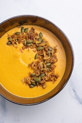 Pumpkin puree soup. Close up