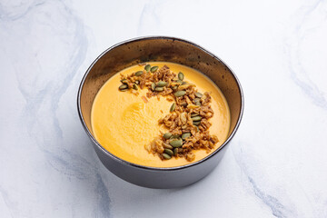 Pumpkin puree soup. Close up
