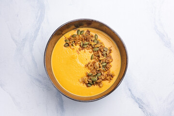 Pumpkin puree soup. Close up