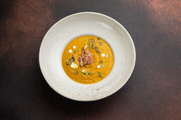 Pumpkin puree soup. Close up