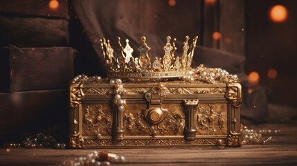 low key picture of a golden treasure box and a stunning queen or king's crown. retro filtered. fantastical medieval era