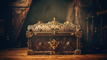 low key picture of a golden treasure box and a stunning queen or king's crown. retro filtered. fantastical medieval era - obrazy, fototapety, plakaty