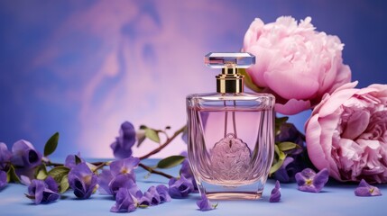 Beautiful perfume bottle with a vintage feel, along with violet flowers and peonies, perfect for a parfum advertisement or beauty branding design.