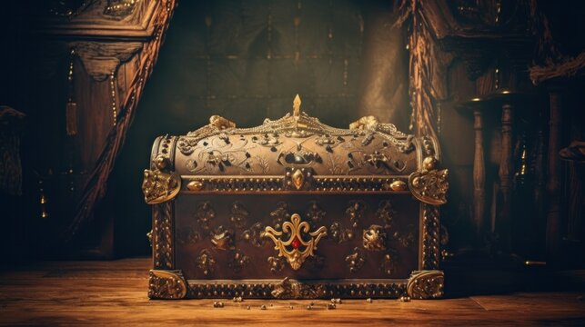 low key picture of a golden treasure box and a stunning queen or king's crown. retro filtered. fantastical medieval era