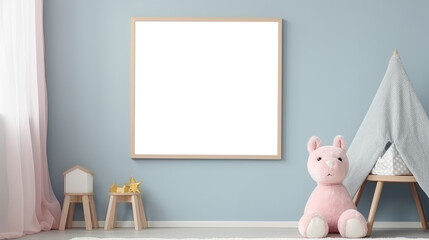 Mockup wall art template with copy space, transparent png. Blank frame in cute interior of children room. Interior painting template or photo frame.  - obrazy, fototapety, plakaty
