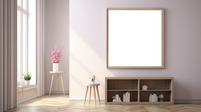 Mockup wall art template with copy space, transparent png. Blank frame in cute interior of children room. Interior painting template or photo frame. 