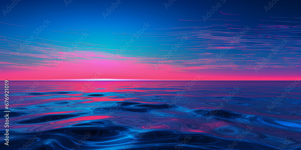 Poster abstract interpretation of a lake at twilight, using neon colors to simulate the water and sky, glit