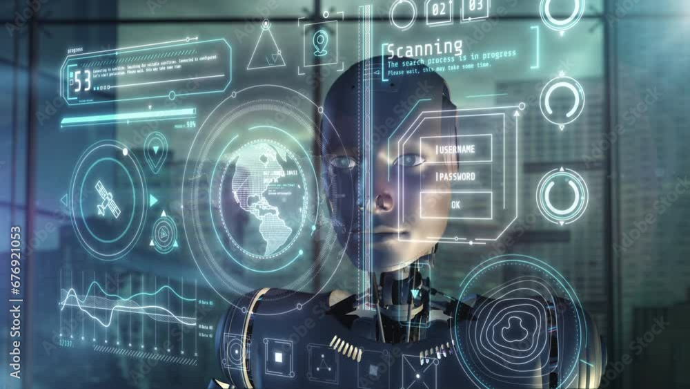 Poster artificial intelligence working with holographic infographic data.
